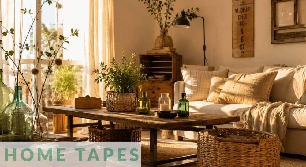 Salón decorado con objetos cotidianos reutilizados
