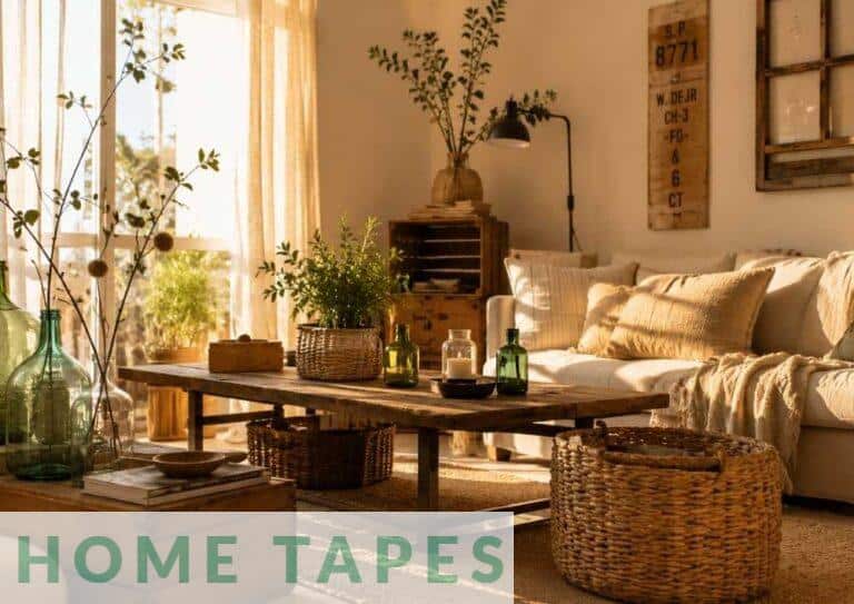 Salón decorado con objetos cotidianos reutilizados