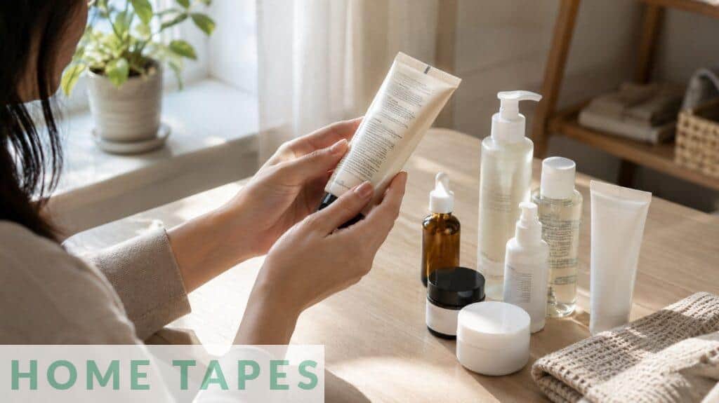 Persona leyendo la lista de ingredientes de un cosmético